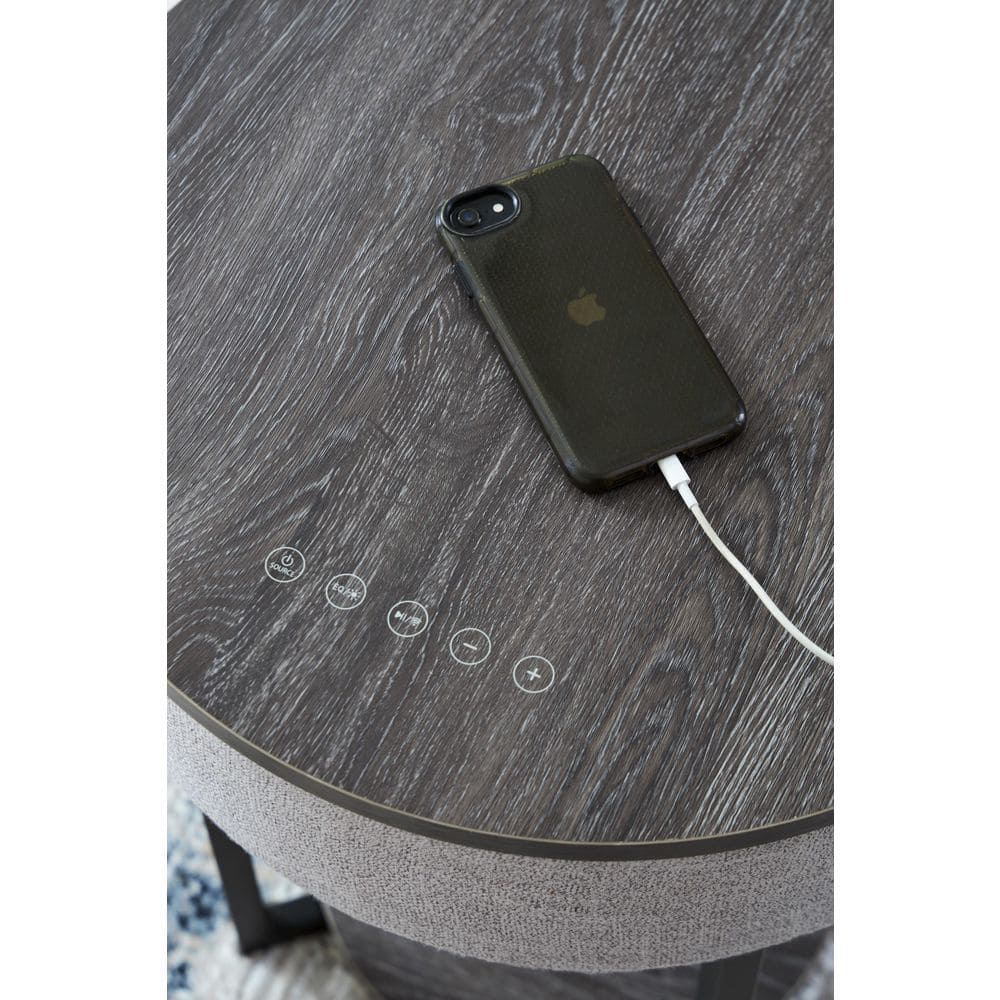 Gray and Black Round Wood and Metal Accent Table with Built-in Speakers