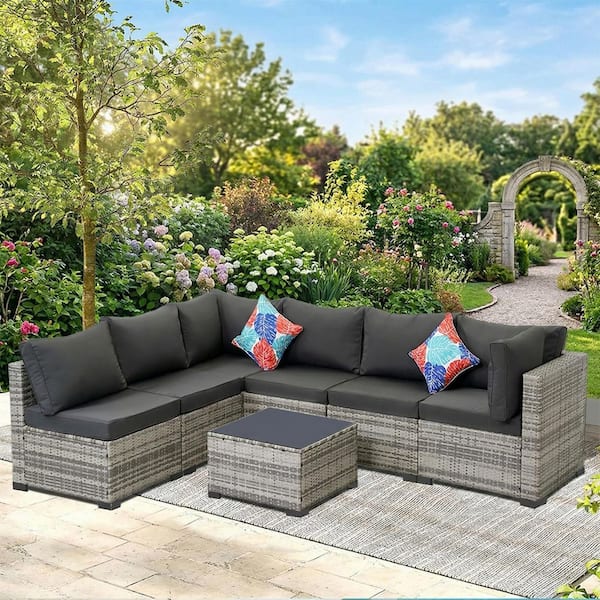 7-Piece Wicker Outdoor Sectional Set Conversation Sets with Gray Cushions for Backyard, Lawn