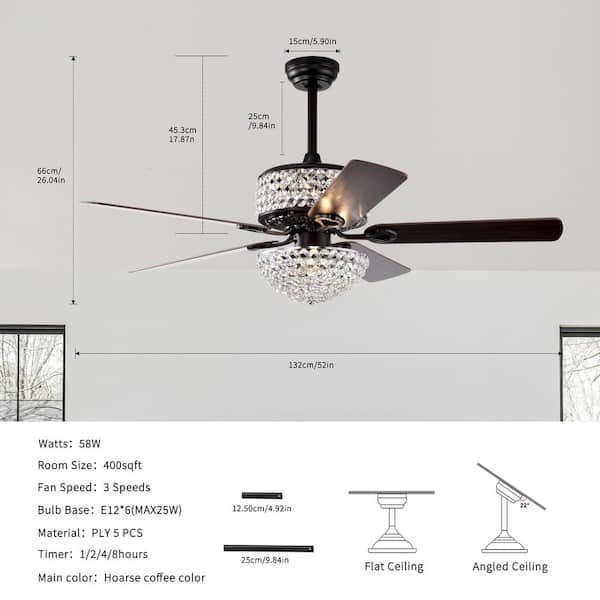 Sunpez 52 in. Indoor Matte Black Crystal Modern Ceiling Fan with Remote Control, 5 Reversible Blades and AC motor, no Bulb