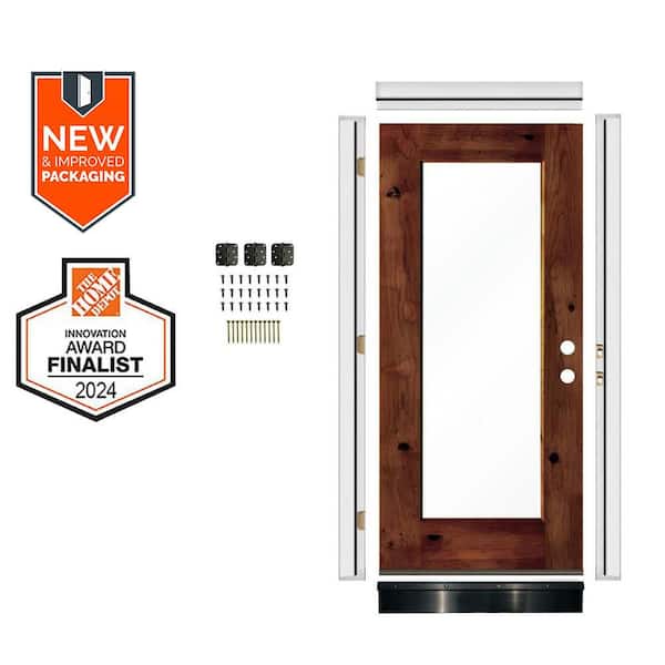 Krosswood Doors DIY 32in.x80in. Left-Handed Full Clear Glass Red Chestnut Stain Knotty Alder Wood Front Door Kit w/ Quick Assemble Jamb