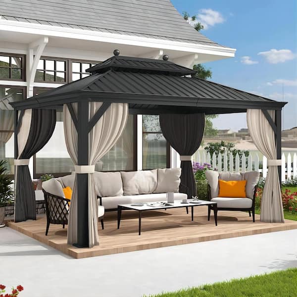 10 ft. x 14 ft. Luxury Patio Outdoor Gazebo for Backyard Hardtop Aluminum Frame with Hooks,Upgrade Beige Curtain