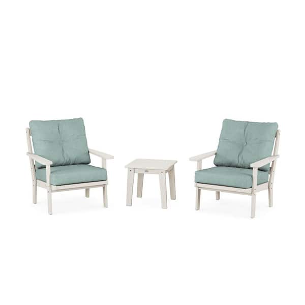 POLYWOOD Mission 3-Pcs Plastic Patio Conversation Set in Sand/Glacier Spa Cushions