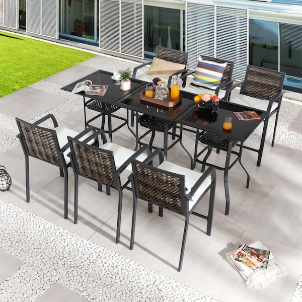 9-Piece Wicker Bar Height Outdoor Dining Set with Beige Cushions