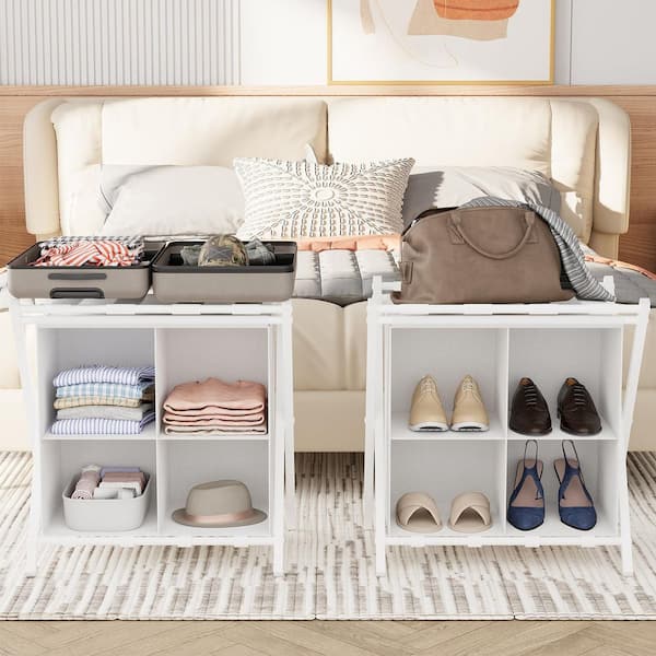 Numhew White Luggage Rack with Storage, Folding Suitcase Stands