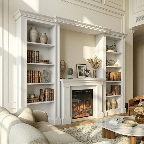 115.5 in. Freestanding Wood Electric Smart Electric Fireplace TV Stand in White with 10 Shelves, Media Storage