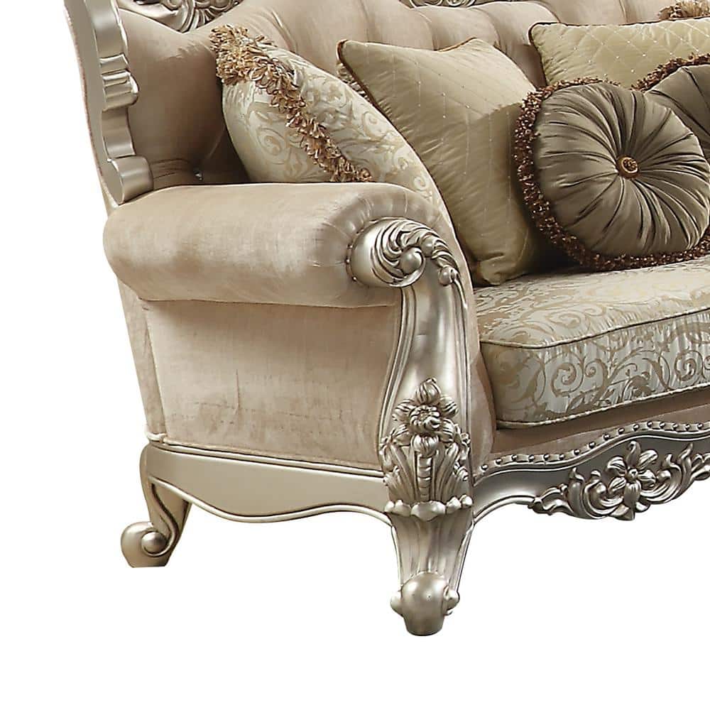 Champagne Beige Tufted Linen Rolled Arm Loveseat with Nailhead Trim