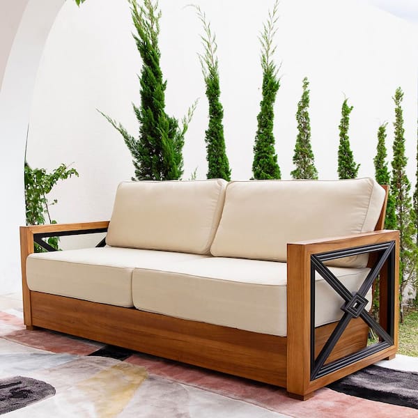 Provence Teak Wood Outdoor Loveseat with Ivory Cushion