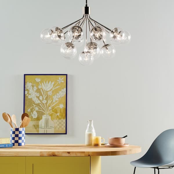Silvarious 38 in. 16-Light Polished Nickel Modern Clear Glass Shaded Convertible Chandelier for Dining Room