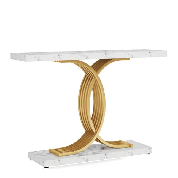 BYBLIGHT Turrella 39.37 in. White Rectangle Wood Console Table with Geometric Metal Legs