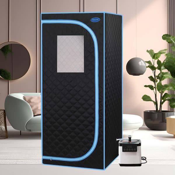1-Person Portable Plus Type Full Size Steam Sauna Tent Portable Sauna with FCC Certification, Black (Blue Binding)