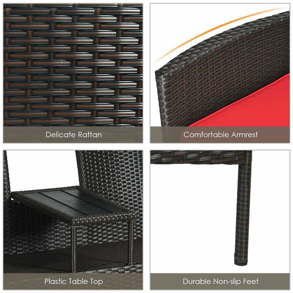 Compact Black Wicker Patio Loveseat with Red Cushions and Glass Table