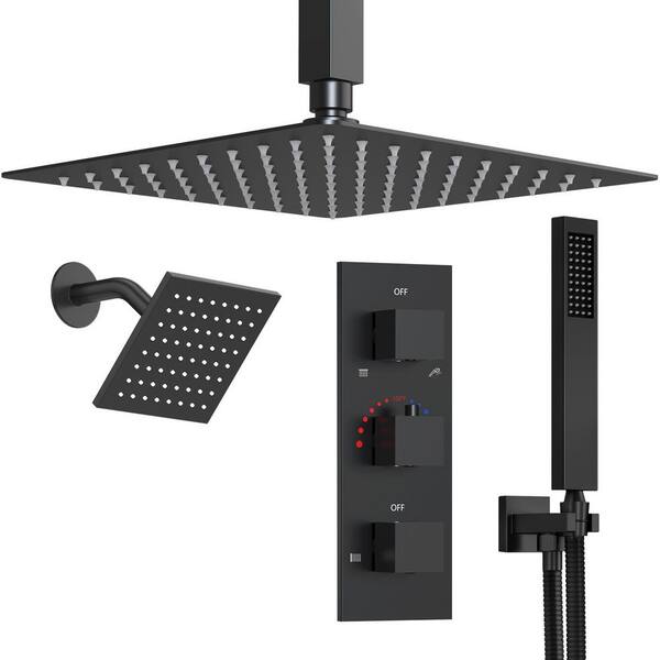 GRANDJOY ZenithRain 5-Spray Square High Pressure with Dual Rainfall Showerheads Thermostatic Valve Included in Matte Black