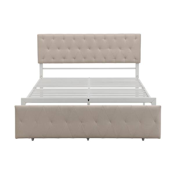 ANBAZAR 62.8 in. Width Beige Queen Size Platform Bed with Big Drawer, Metal Adult Bed Frame with Tufted Headboard and Footboard
