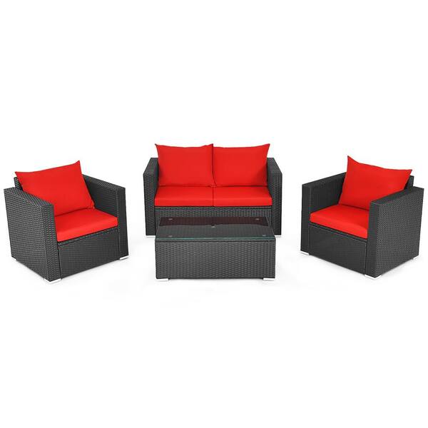 Costway Black 4 Piece Wicker Patio, Black Wicker Outdoor Furniture With Red Cushions