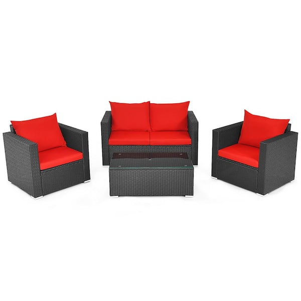 Costway Black 4-Piece Wicker Patio Conversation Set with Red Cushions