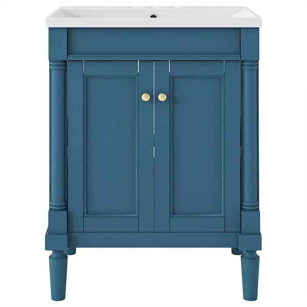 Aoibox 24 in. Freestanding Bath Vanity in Blue with White Single Resin Sink Top, 2-Tier Storage Shelves and 2-Soft Close Doors