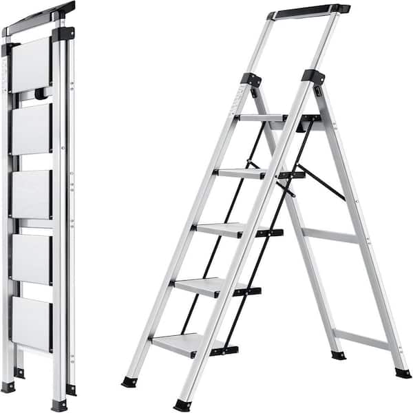 5 Step Ladder, Retractable Handgrip Folding Step Stool with Anti-Slip Wide Pedal, Aluminum Stool Ladders ,Reach,54ft