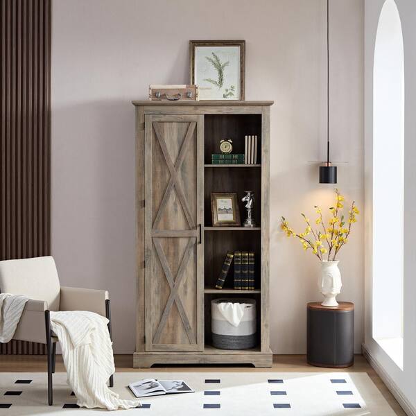FUNKOL 39.37in x 15.75in x 74.4in Espresso Vintage MDF Ready to Assemble Kitchen Cabinet with 1 Barn Door and 3 Shelves
