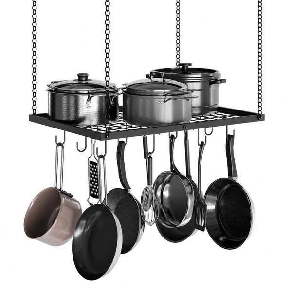 Black Metal Ceiling Mounted Pot Rack with 12 Hooks and Hanging Shelf for Kitchen Storage