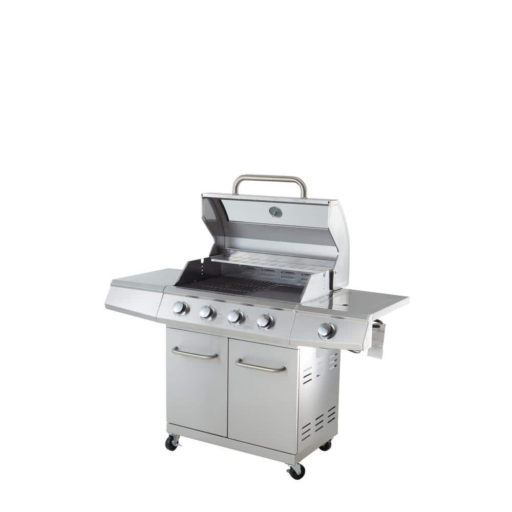 4-Burner Portable Propane Gas Grill in Stainless Steel with Build Thermometer and Side Burner, Visible Glass Lid