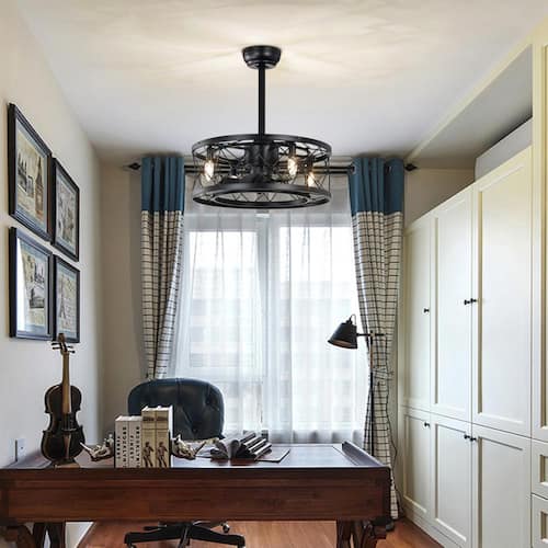 20 in. Small Indoor Matte Black Caged Ceiling Fan with Light Kit and Remote Included for Bedroom, Living Room Lighting