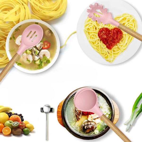 14-Piece Silicone Kitchen Utensil Set in Pink with Spatula, Turner, Tongs, Spoon, Brush