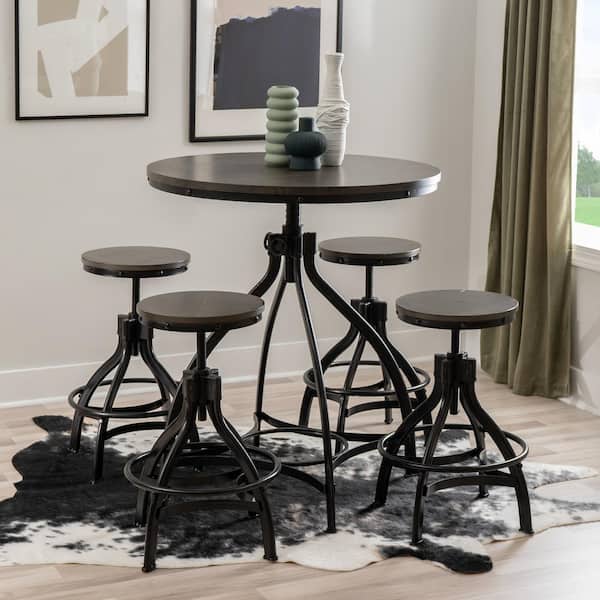 Harlan 5-Piece Round Gray Wood Top Metal Dining Bar Table Set Seats 4