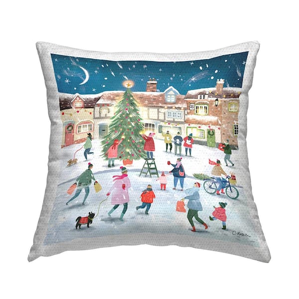 Festive Winter Town Christmas Tree Multi-Color Square Outdoor Throw Pillow