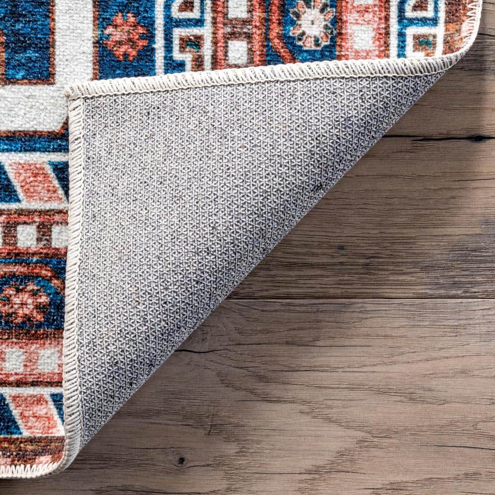 Blue and Beige Medallion Washable Synthetic Area Rug