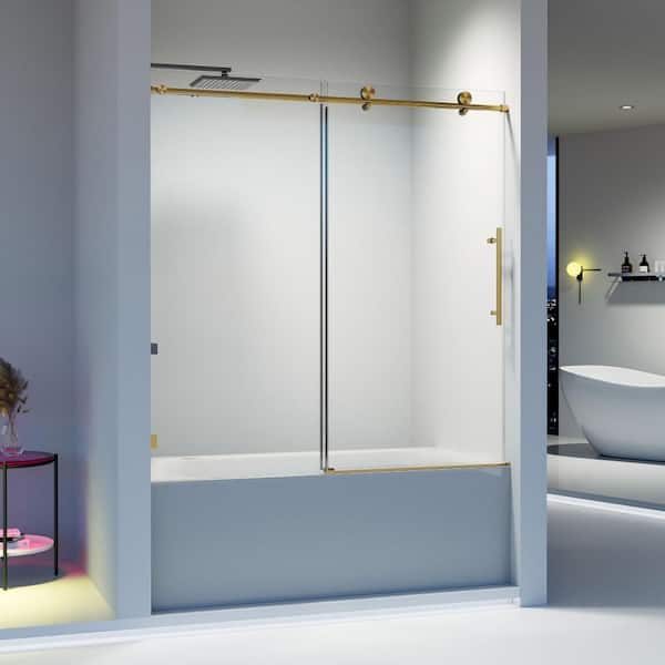 56-60 in. W x 60 in. H Frameless Sliding Shower Softclose Shower Door in Brushed Gold with 5/16 in. Clear Tempered Glass