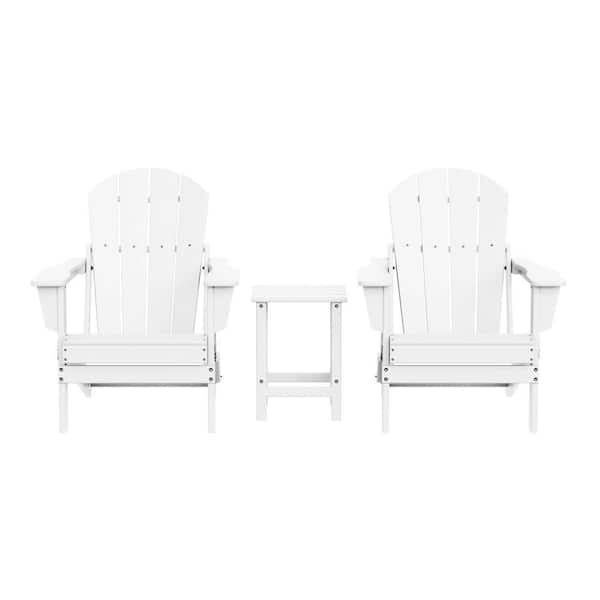 Laguna 3-Piece Fade Resistant Outdoor Patio HDPE Poly Plastic Folding Adirondack Chair Set with Side Table in White