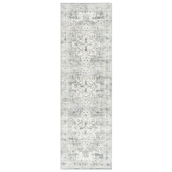 Arizona 3 ft. x 12 ft. Light Gray/Beige Machine Washable Distressed Border Ornate Runner Rug