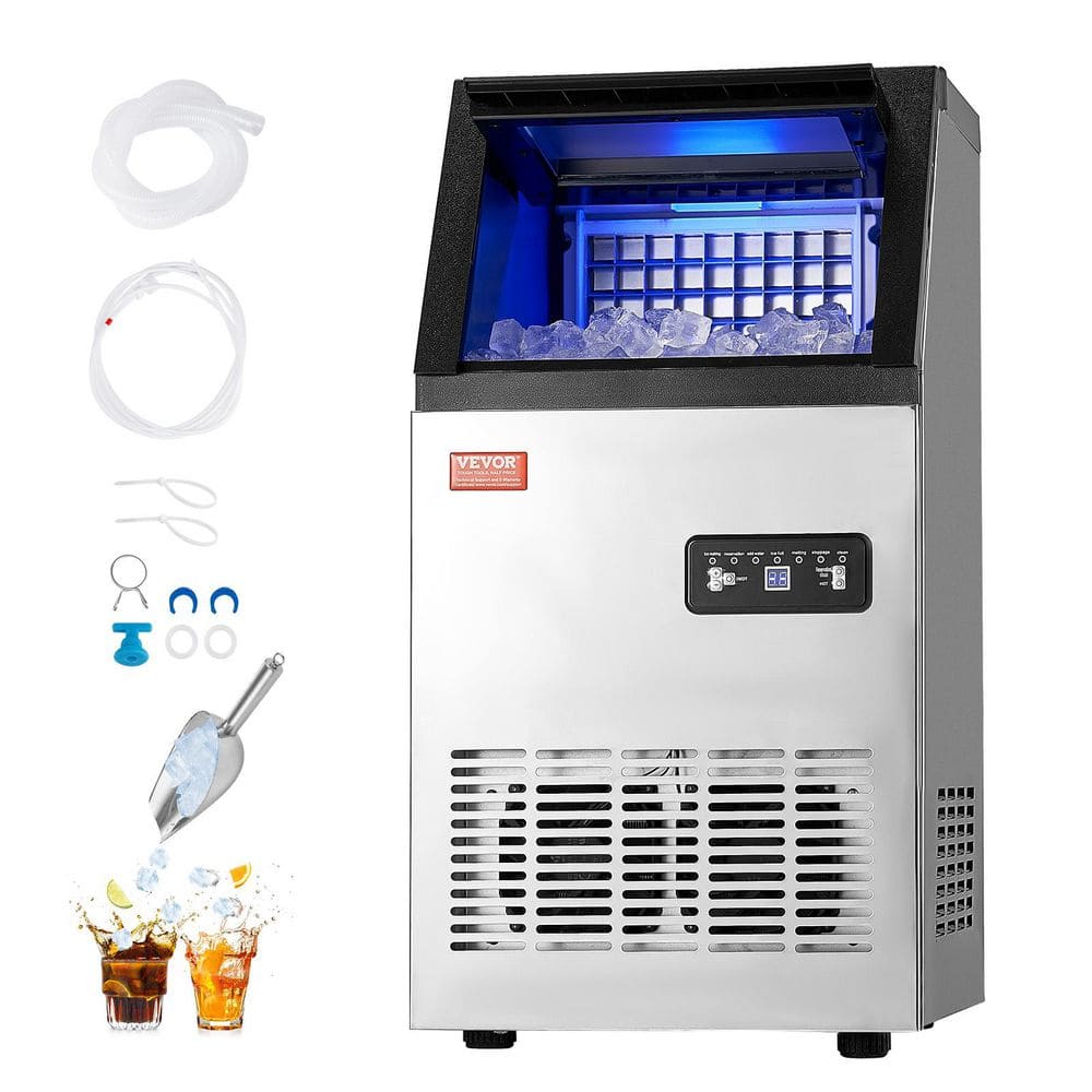 17 in. 100 lbs/24H Commercial Ice Maker 16 lbs Storage Full Size Cubes LED Display Self-Cleaning Freestanding in Silver