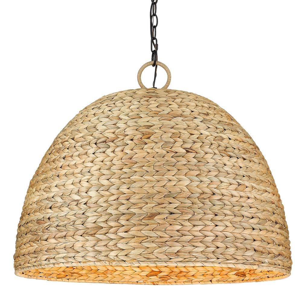 Matte Black and Woven Sweet Grass Dome Pendant Light