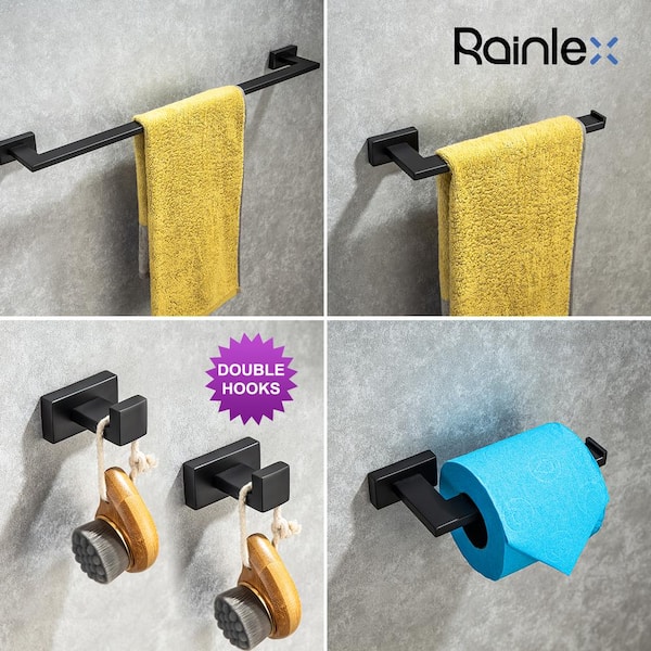 RAINLEX Ocean 5-Piece Bath Hardware Set with Double Hooks Towel Ring Toilet Paper Holder 24 and 8 in. Towel Bar in Matte Black