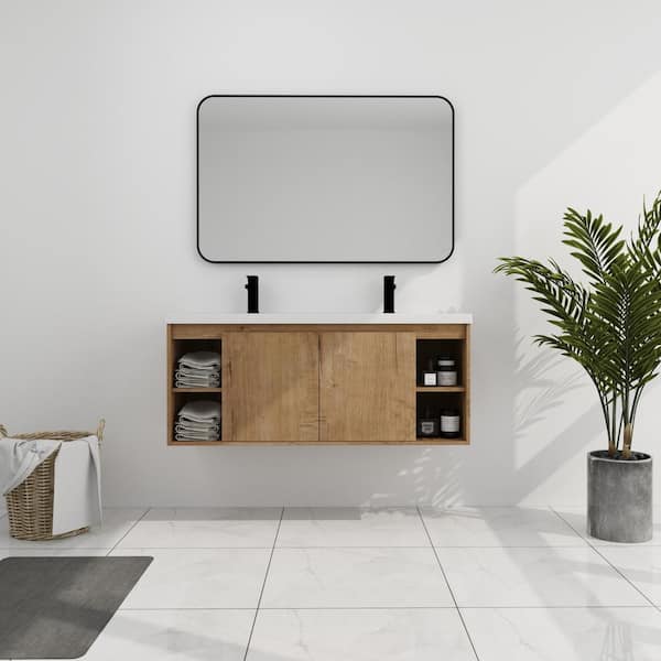 Unbranded 48 in. W Wall Mounted Bathroom Vanity in Imitative Oak with White Cultured Marble Sink Top