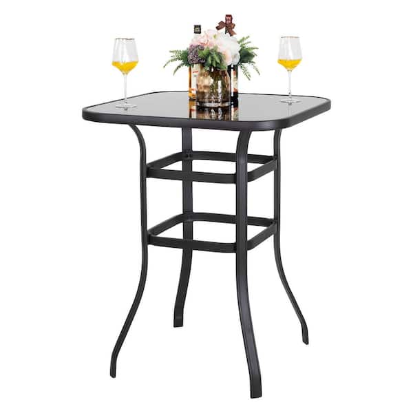 Nuu Garden 32 In Glass Top Metal Pub Height Bistro Square Outdoor Table Hb102 The Home Depot Nuu Garden 32 In Glass Top Metal Pub, Outdoor Glass Top Bar Table
