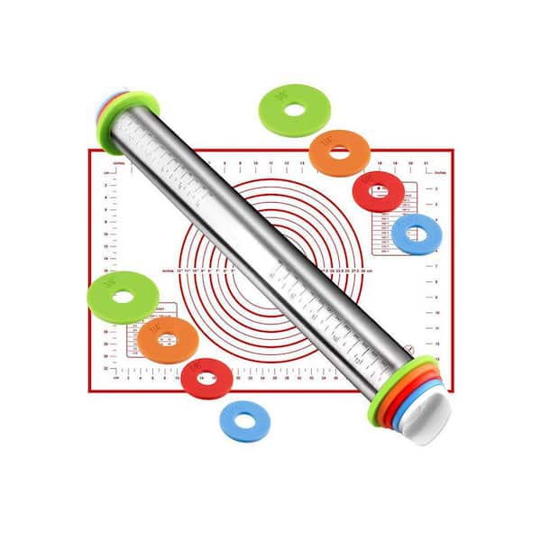 17 in. Stainless Steel Red Pastry Baking Mat Set with Adjustable Thickness Rolling Pin for Pie Pizza Cookies