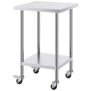 Stainless Steel Work Table 24 x 24 x 38 In. 700lbs. Silver Kitchen Prep Table Load Capacity with 4 Wheels Height Levels