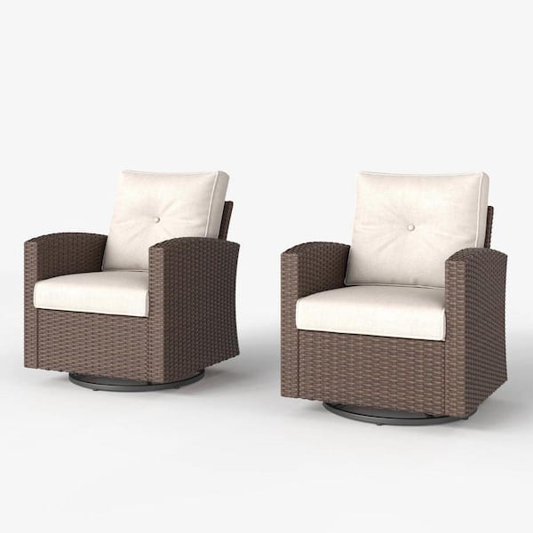 2-Piece Wicker Outdoor Swivel Outdoor Rocking Chair Set Patio Conversation Set with Beige Cushions
