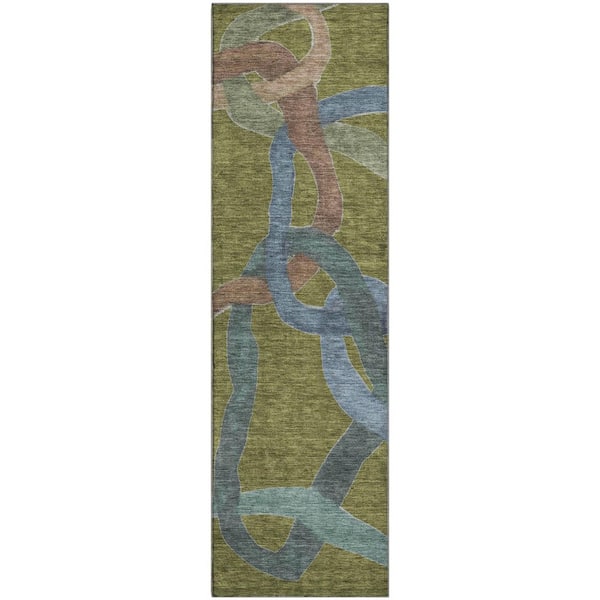 Mayfield Premium Machine Washable Abstract AMF2394 Olive 2 ft. x 7 ft. Runner Rug