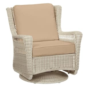 Park Meadows Off-White Wicker Outdoor Patio Swivel Rocking Lounge Chair with Sunbrella Beige Tan Cushions
