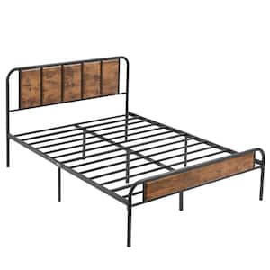 Queen size Bed Frame with Industrial Wooden Headboard, High Metal Platform Bed, No Box Spring Needed, 62"W，Brown