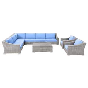 Conway Light Gray 9-Piece Wicker Rattan Outdoor Sectional Patio Conversation Set with Light Blue Cushions
