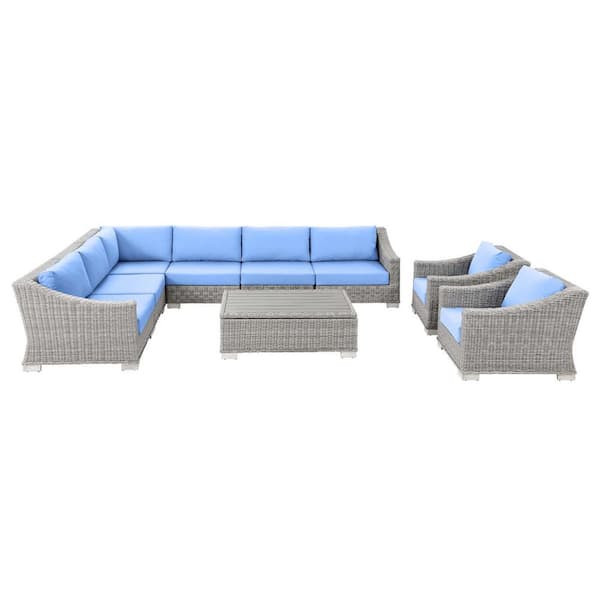 MODWAY Conway Light Gray 9-Piece Wicker Rattan Outdoor Sectional Patio Conversation Set with Light Blue Cushions