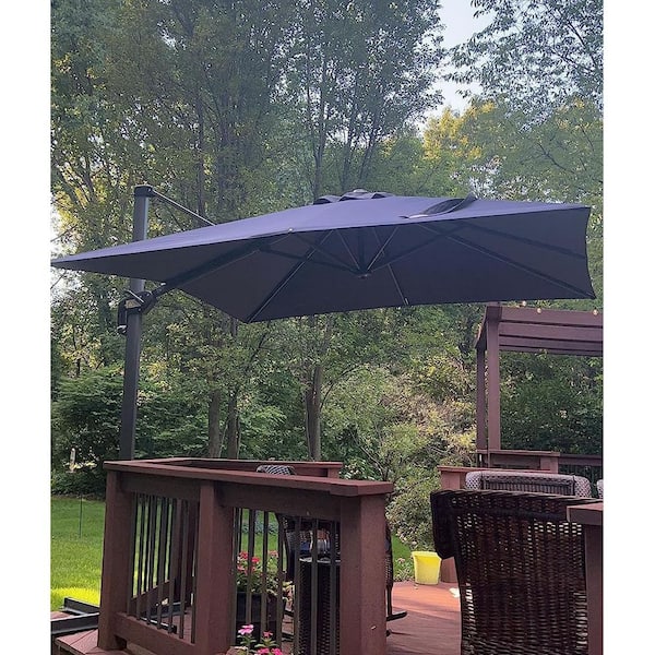 PURPLE LEAF 8 ft. Square Aluminum Outdoor Patio Cantilever Umbrella Offset 360° Rotation Umbrella with Base, Navy Blue
