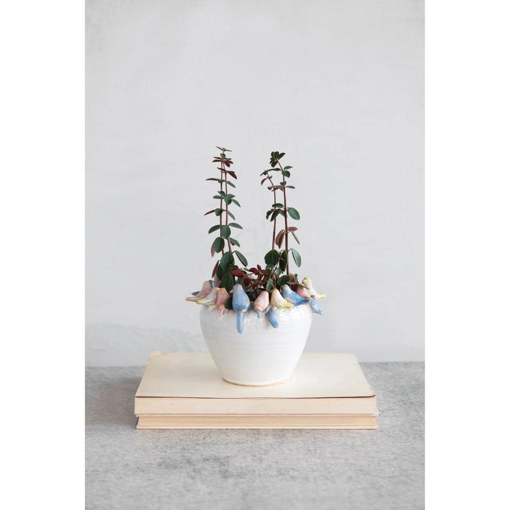 Multicolor Stoneware Planter with Birds on Rim