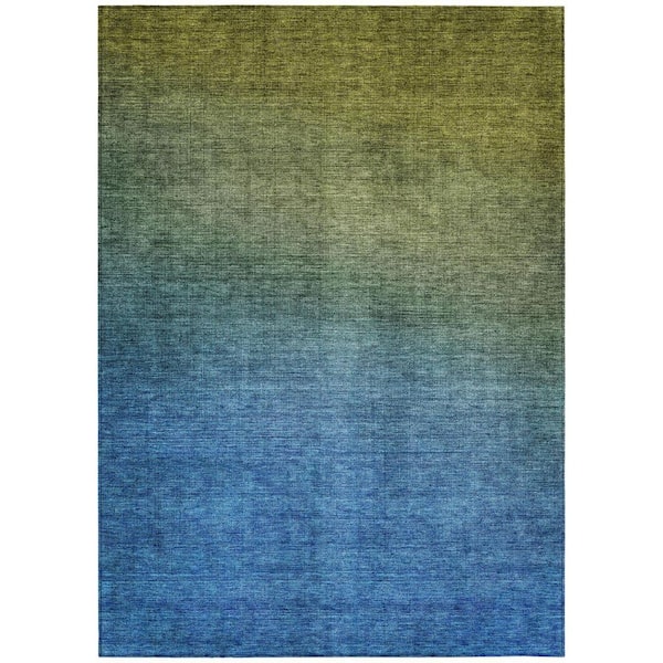 Olive Green, Blue, Navy Blue 8 ft. x 10 ft. Woven Abstract Polyester Rectangle Indoor / Outdoor Area Rug