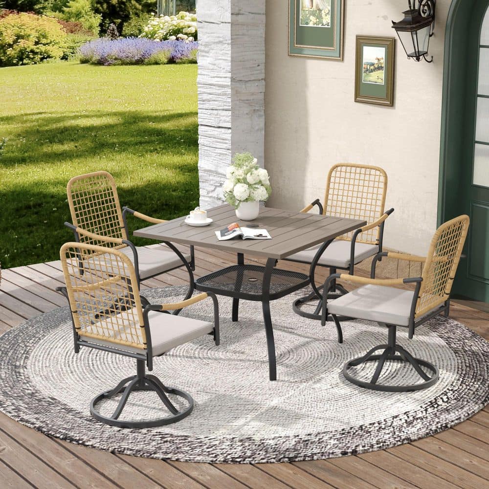 5-Piece Metal Outdoor Dining Set with 37.8 in. Gray Wood-Like Square Table and 4 Swivel Wicker Chairs with Beige Cushion price history on PriceWatchPro