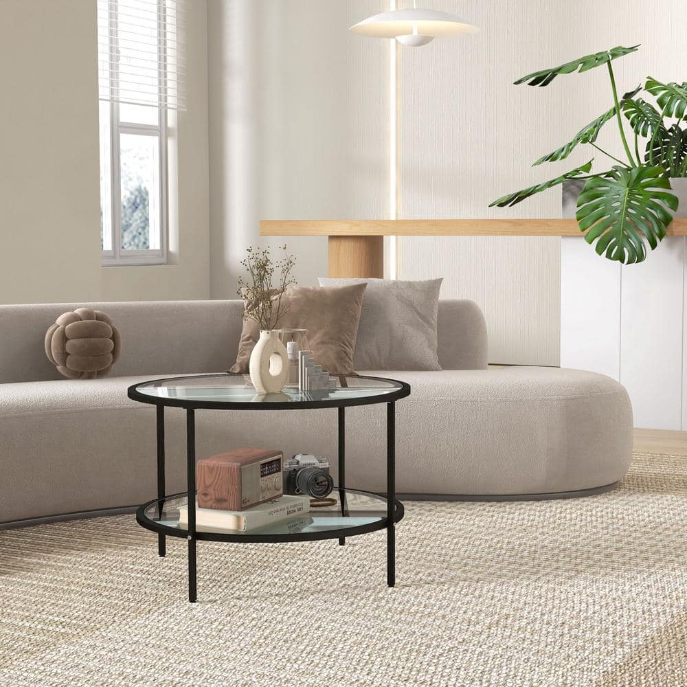 Black Round Metal Side Table with Tempered Glass Shelves